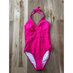 NWT Tempt Me One Piece Swimsuit Hot Pink Halter Crochet Size Medium